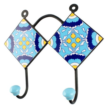 Ceramic Floral Tile Hook in Turquoise
